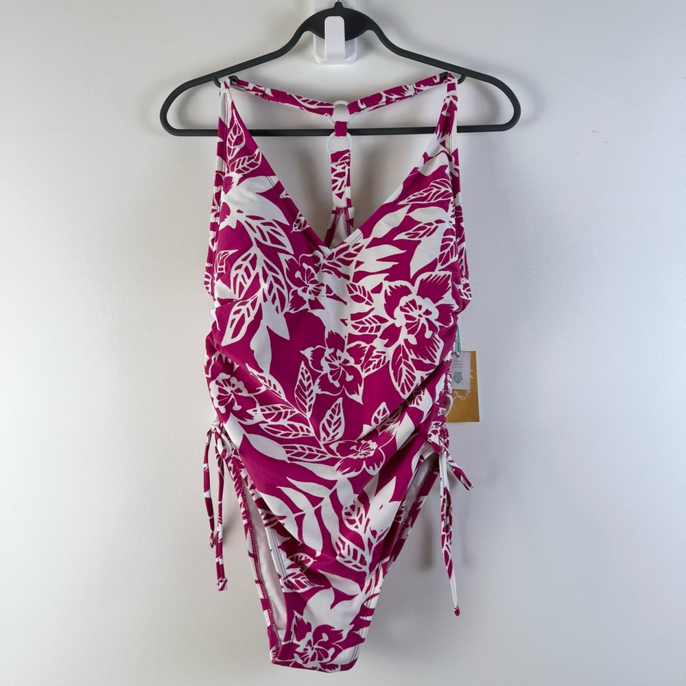Kona Sol One Piece Swimsuit Bathing Suit Medium Pink White NWT New Adjustable
